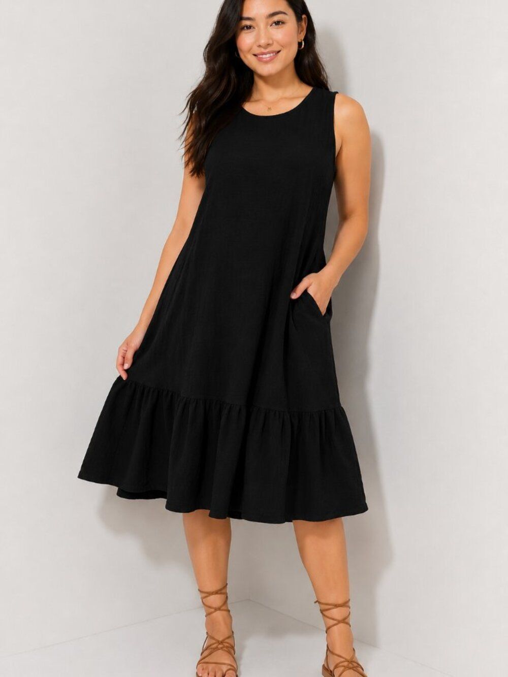 Sonoma Black Sleeveless Cotton Swing Dress Ruffle Hem Pockets A-line Size M